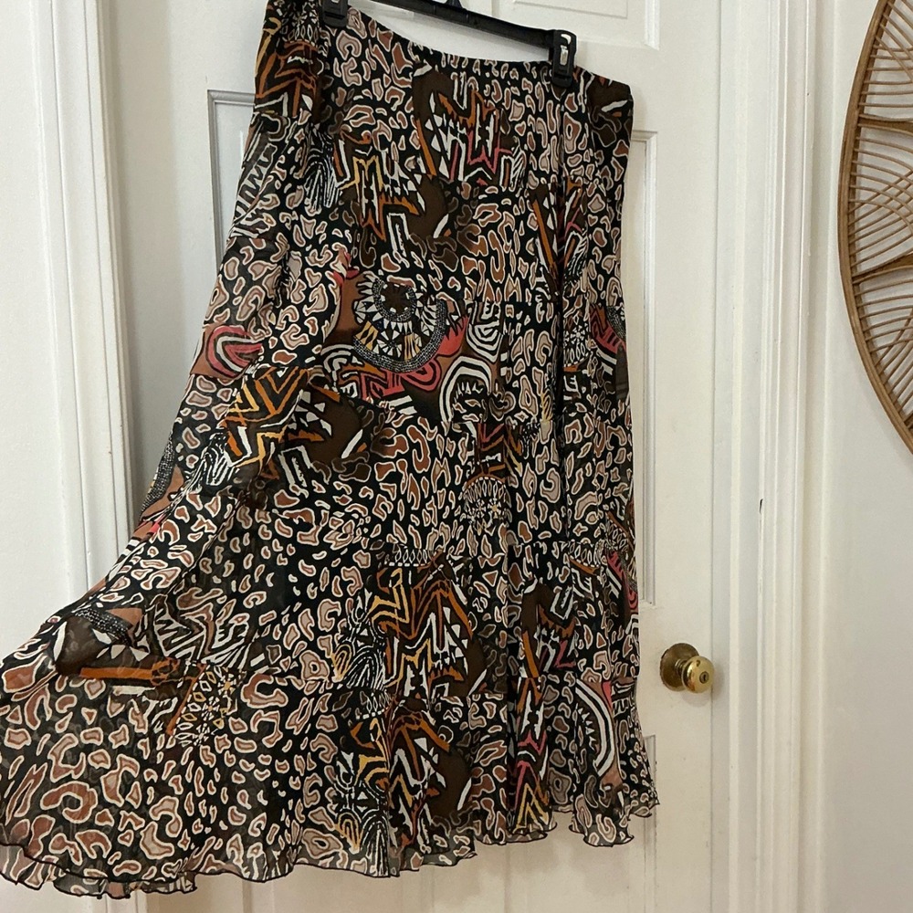 Ruby Rd Tribal Animal Print Sheer Layers Skirt 16W Boho Western Art to Wear Fall
